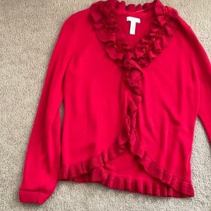 Women’s long sleeve ruffle front sweater.  Size Large Petite.